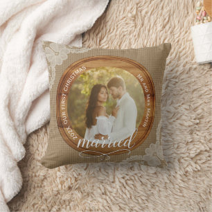 Rustic Burlap and Lace First Christmas Married Throw Pillow