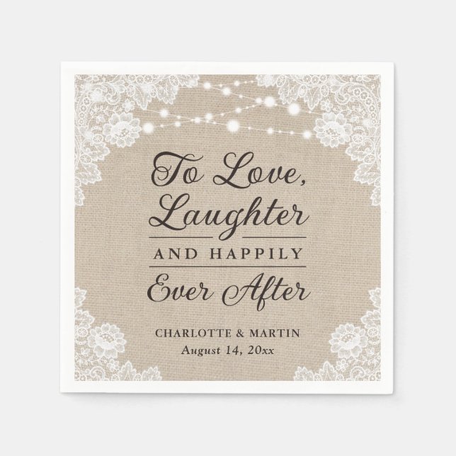 Rustic Burlap and Lace Happily Ever After Wedding  Napkins (Front)