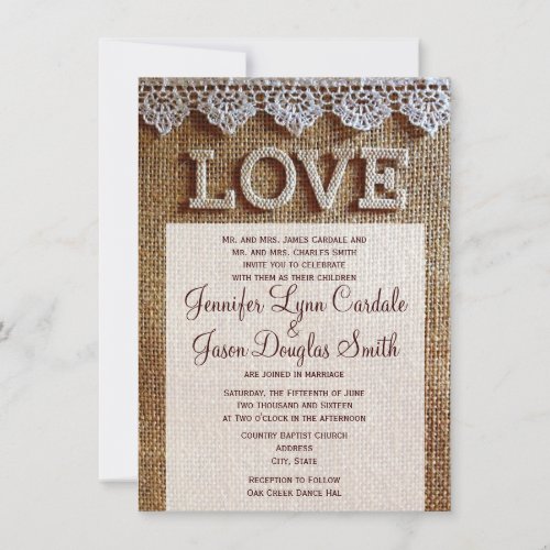 Rustic Burlap and Lace LOVE Wedding Invitations