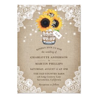 Rustic Burlap and Lace Mason Jar Sunflower Wedding Invitation