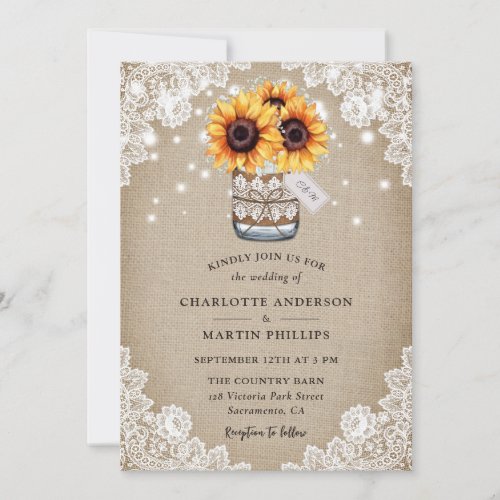 Rustic Burlap and Lace Mason Jar Sunflower Wedding Invitation