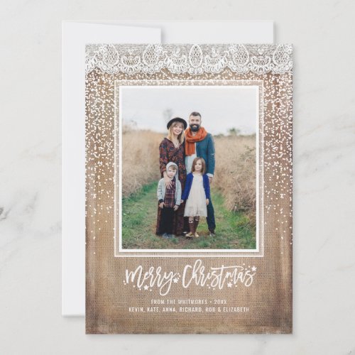 Rustic Burlap and Lace Merry Christmas Photo Holiday Card - Holiday photo cards - rustic burlap and white lace