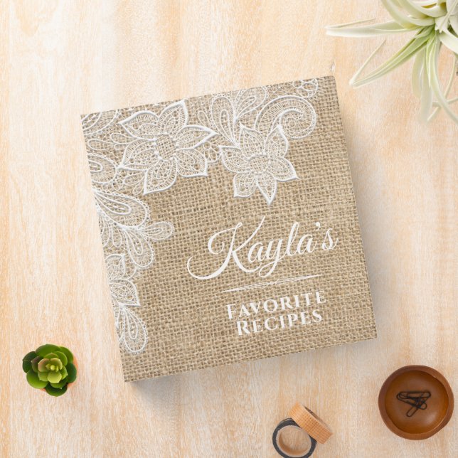 Rustic Burlap and Lace Name Recipe Cookbook  3 Ring Binder (In Situ)