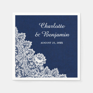 Rustic Burlap and Lace Navy Blue Wedding Napkins