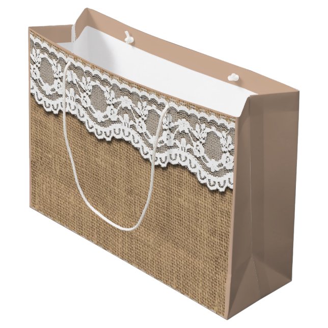 Rustic Burlap and Lace Paper Bag (Front Angled)