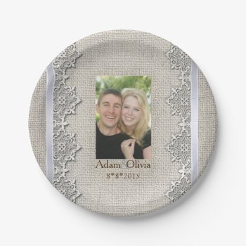 Rustic Burlap And Lace Photo Wedding Paper Plates by theedgeweddings at Zazzle