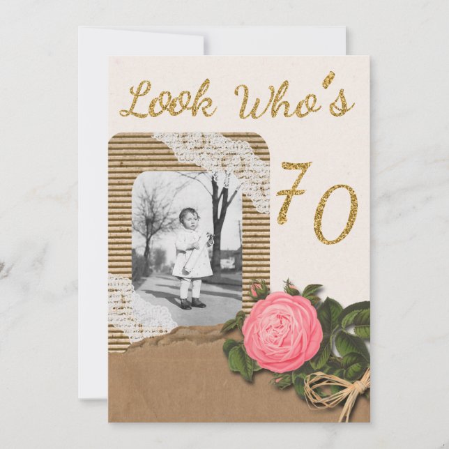 Rustic Burlap and Lace Rose 70th Birthday Invite (Front)
