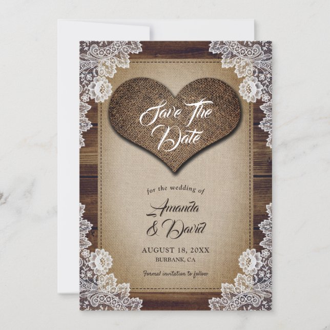 Rustic Burlap and Lace Save The Date Cards (Front)