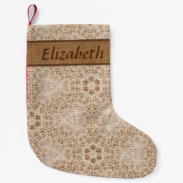 Rustic Burlap and Lace Snowflake Personalized Small Christmas Stocking (Front)