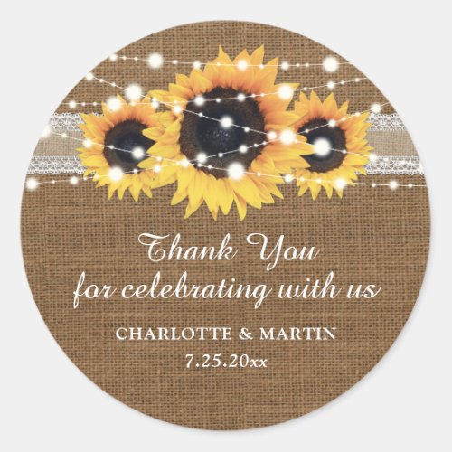 Rustic Burlap and Lace Sunflower Wedding Thank You Classic Round Sticker
