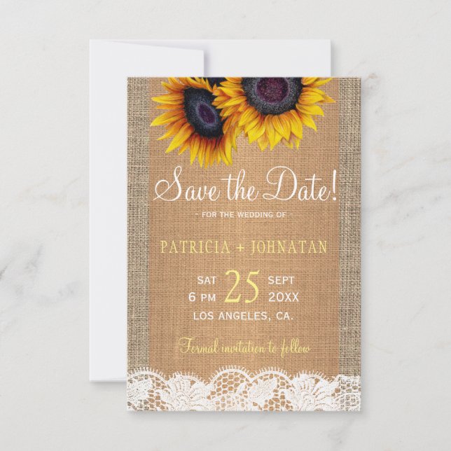 Rustic burlap and lace sunflowers PHOTO wedding Save The Date (Front)