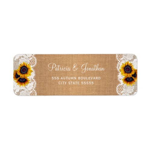 Rustic burlap and lace sunflowers wedding return label