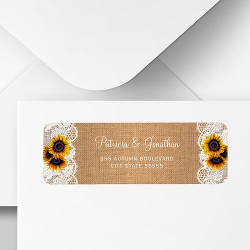 Rustic burlap and lace sunflowers wedding return label