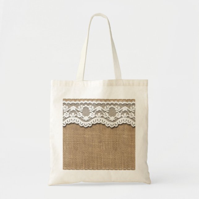 Rustic Burlap and Lace Tote Bag (Front)