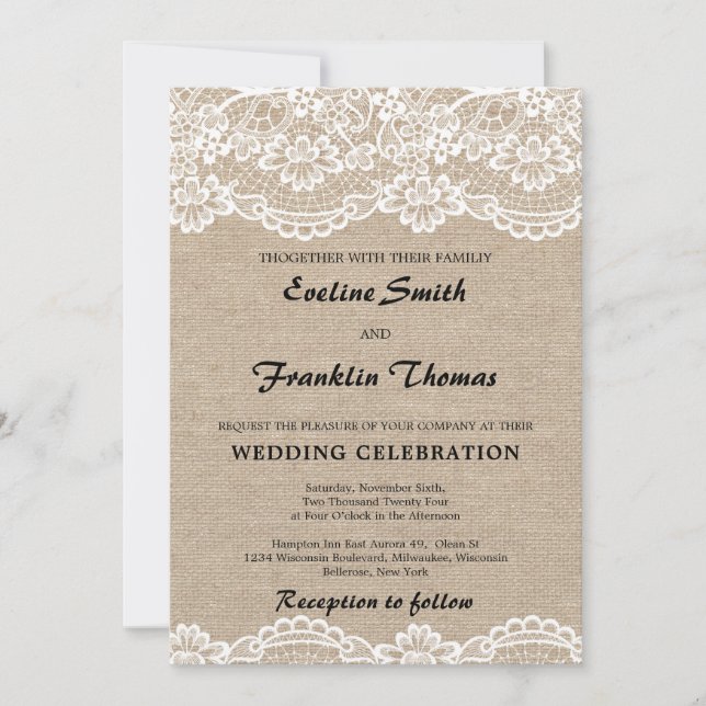Rustic burlap and lace vintage chic wedding invitation (Front)