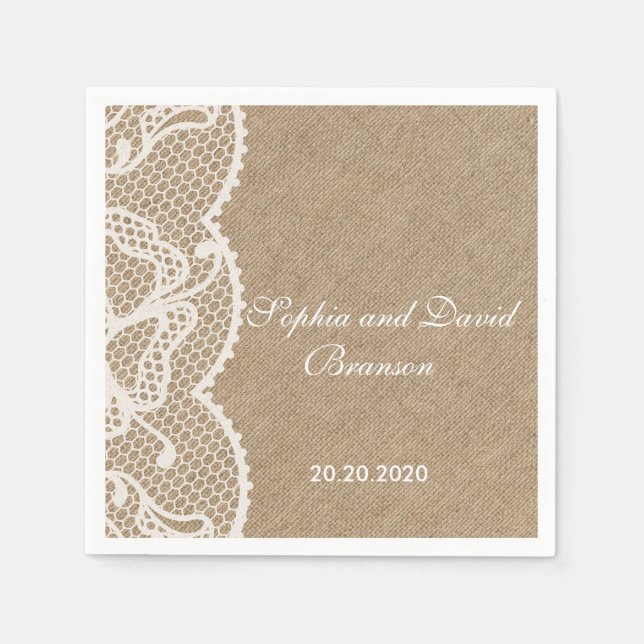 Rustic Burlap and Lace Wedding Custom Napkins (Front)