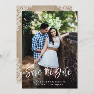 Rustic Burlap and Lace Wedding Photo Save The Date