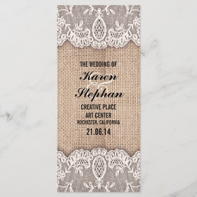 Rustic burlap and lace wedding programs (Front)