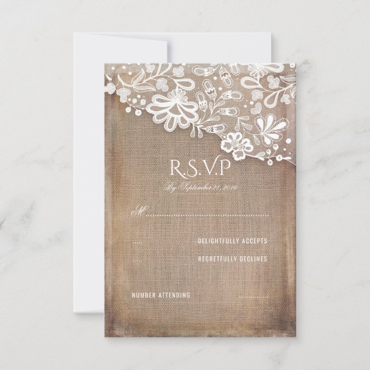 Rustic Burlap And Lace Wedding Rsvp Card Zazzle