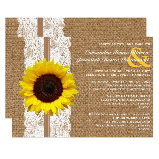 Rustic Burlap And Lace With Sunflower Wedding Invitation