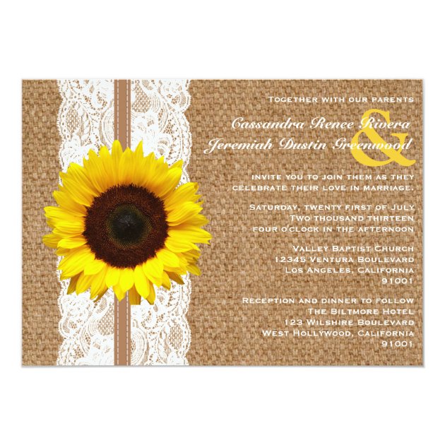 Rustic Burlap And Lace With Sunflower Wedding Invitation