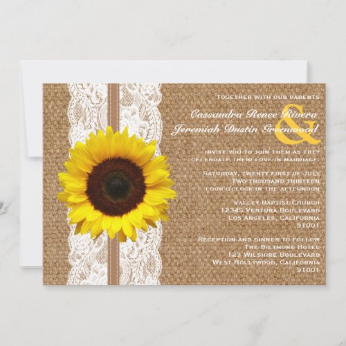 Rustic Burlap and Lace with Sunflower Wedding Personalized Announcements
