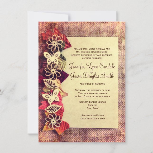 Rustic Burlap and Leaves Fall Wedding Invitations (Front)