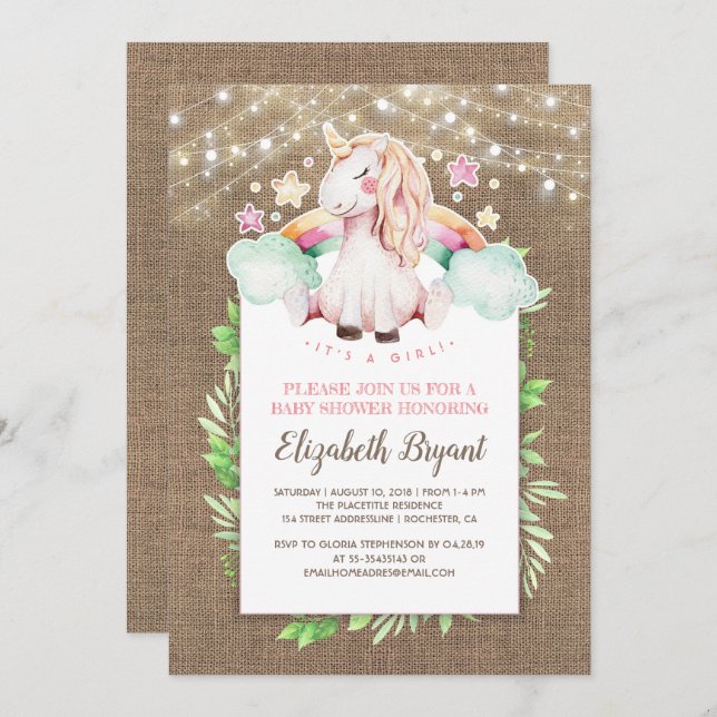 Rustic Burlap and Magical Unicorn Baby Shower Invitation (Front/Back)