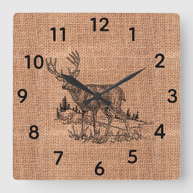 Rustic Burlap and Pencil Sketch Buck Square Wall Clock (Front)