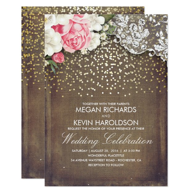 Rustic Burlap And Pink Flowers Lace Gold Wedding Invitation