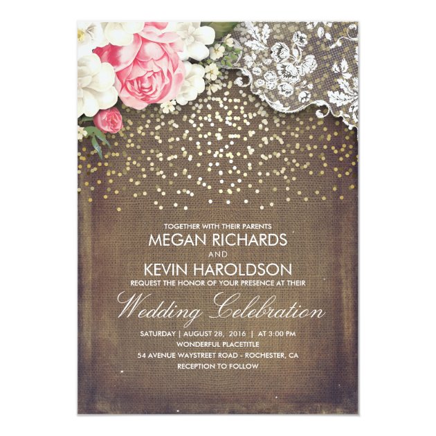 Rustic Burlap And Pink Flowers Lace Gold Wedding Invitation