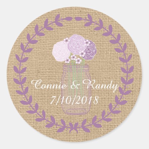 Rustic Burlap and Purple Mason Jar Flowers Wedding Classic Round Sticker