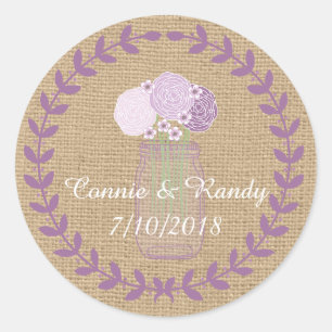 Rustic Burlap and Purple Mason Jar Flowers Wedding Classic Round Sticker