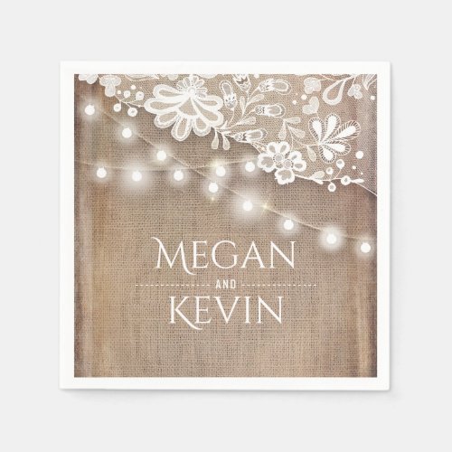Rustic Burlap and String Lights Lace Wedding Paper Napkins