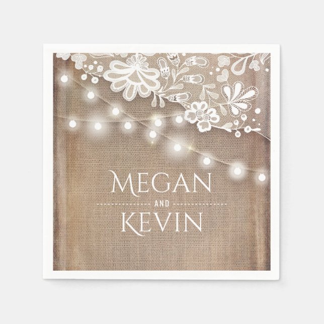 Rustic Burlap and String Lights Lace Wedding Paper Napkins (Front)