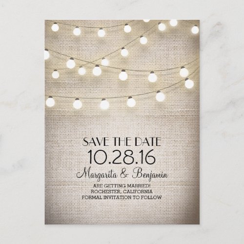 Rustic burlap and string lights save the date announcement postcard