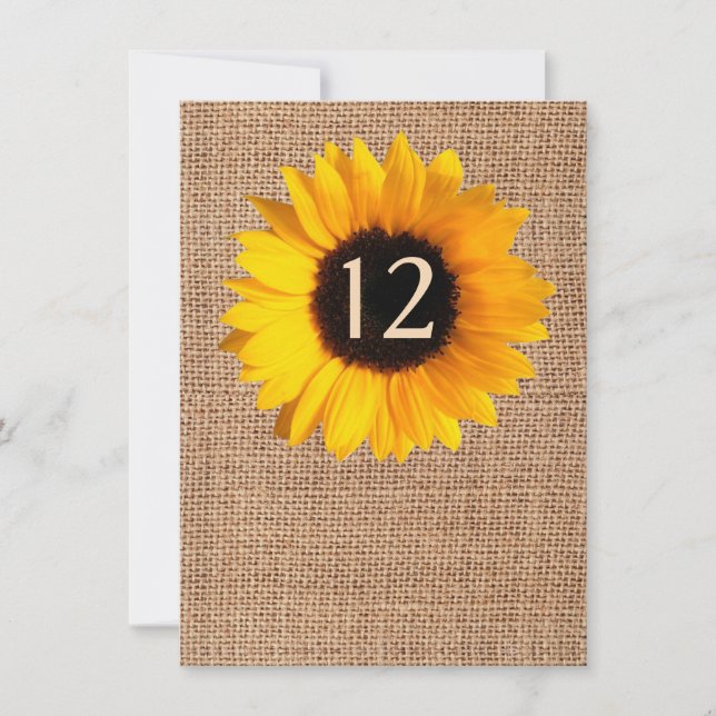 Rustic Burlap and Sunflower Wedding Table Number (Front)