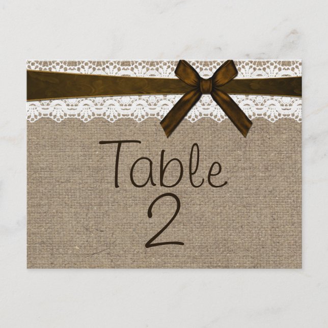 Rustic Burlap and Vintage Lace Table Number Card (Front)