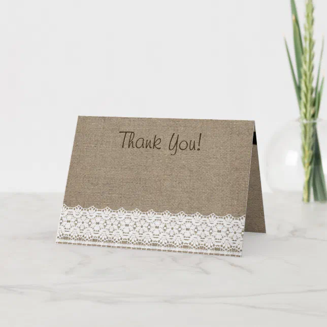 Rustic Burlap and Vintage Lace Thank You Card | Zazzle