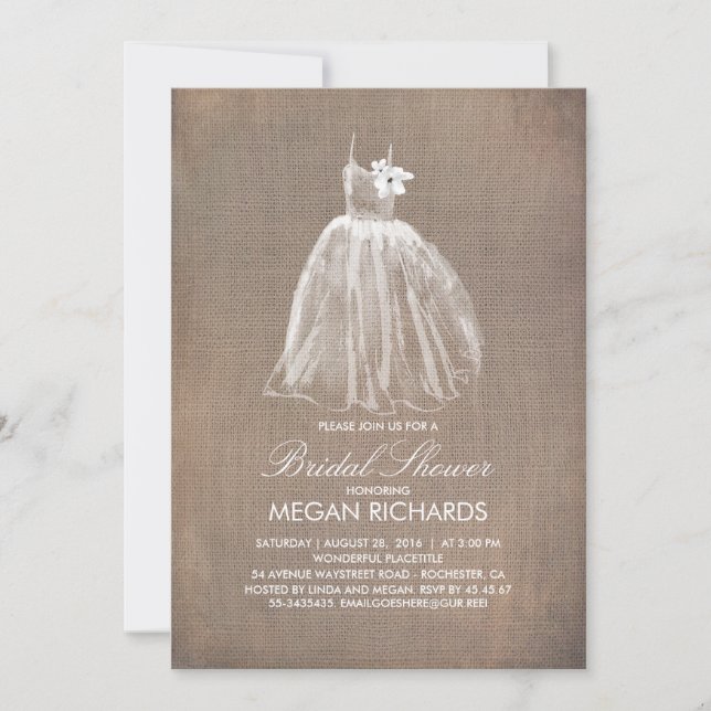 Rustic Burlap and Wedding Gown Bridal Shower Invitation (Front)