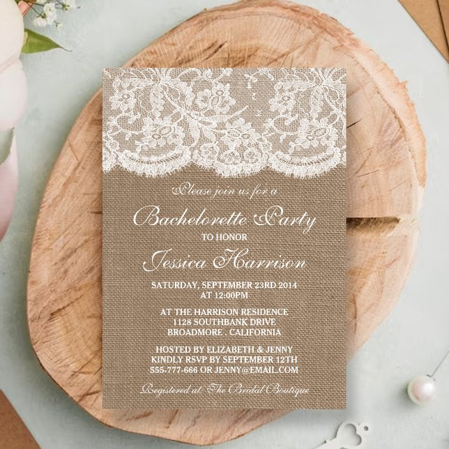 Rustic Burlap And White Lace Bachelorette Party Invitation (Creator Uploaded)