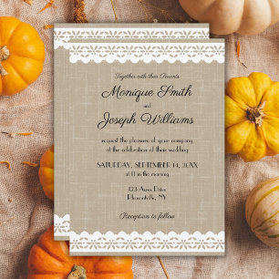 Rustic Burlap and White Lace Wedding Invitation