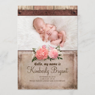 Rustic Burlap and Wood Baby Girl Photo Birth Announcement