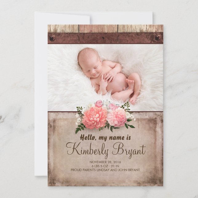 Rustic Burlap and Wood Baby Girl Photo Birth Announcement (Front)