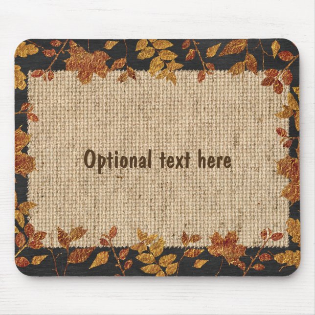 Rustic Burlap Autumn Fall Golden Tone Leaves Mouse Pad (Front)