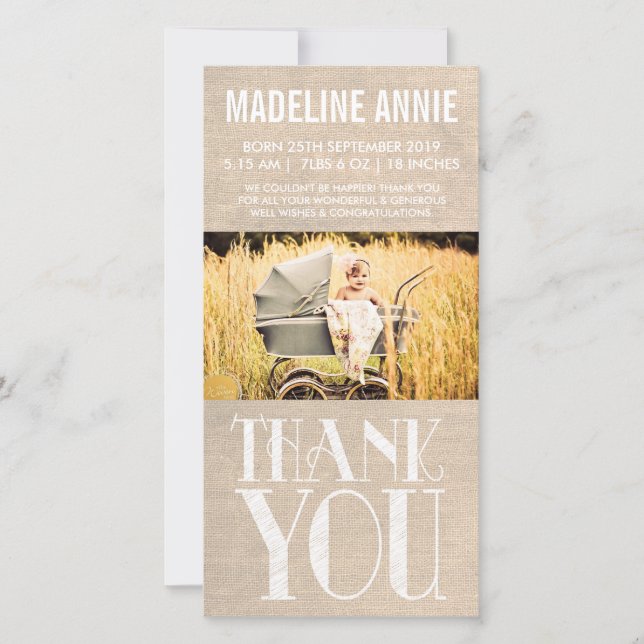 Rustic Burlap Baby Birth Thank You Photo (Front)