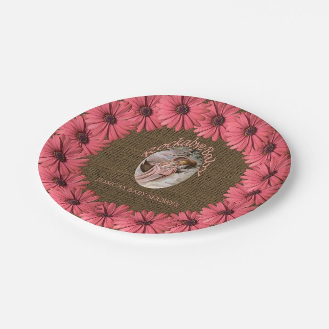 Rustic Burlap Baby Shower | Brown Pink Floral Paper Plates (Angled)