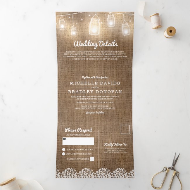 Rustic Burlap Baby's Breath Wedding Tri-Fold Invitation