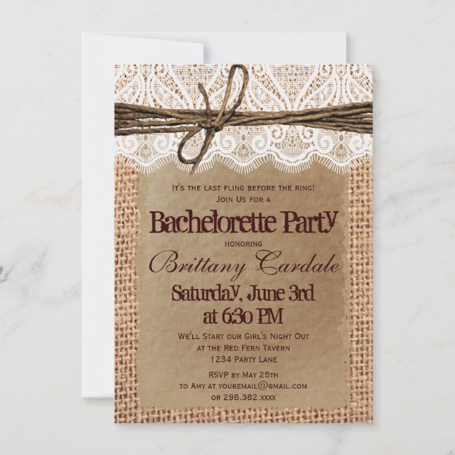 Rustic Burlap Bachelorette Party Invitations (Front)