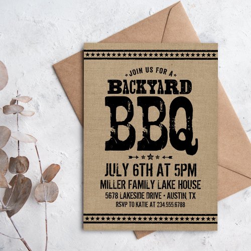 Rustic Burlap Backyard BBQ Party Invitation